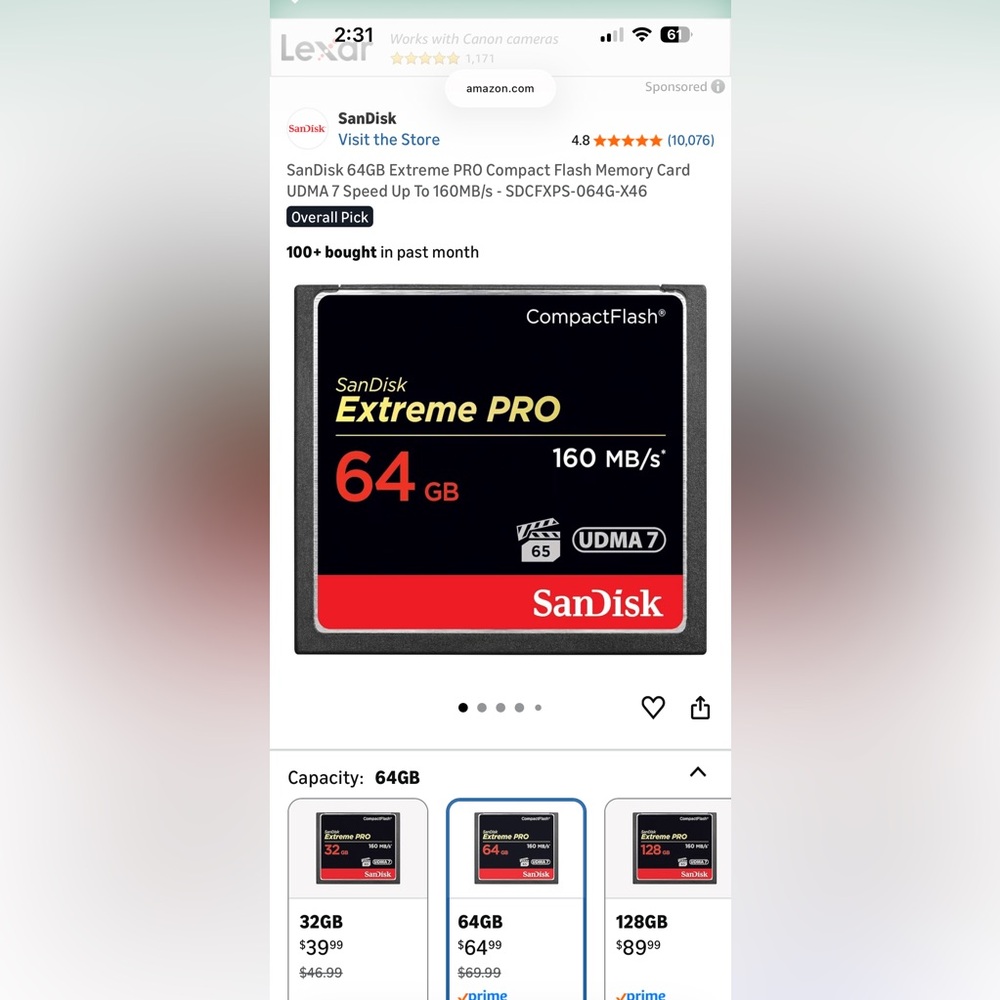 SanDisk Extreme PRO 64GB 160 MB/s UDMA 7 CompactFlash Card